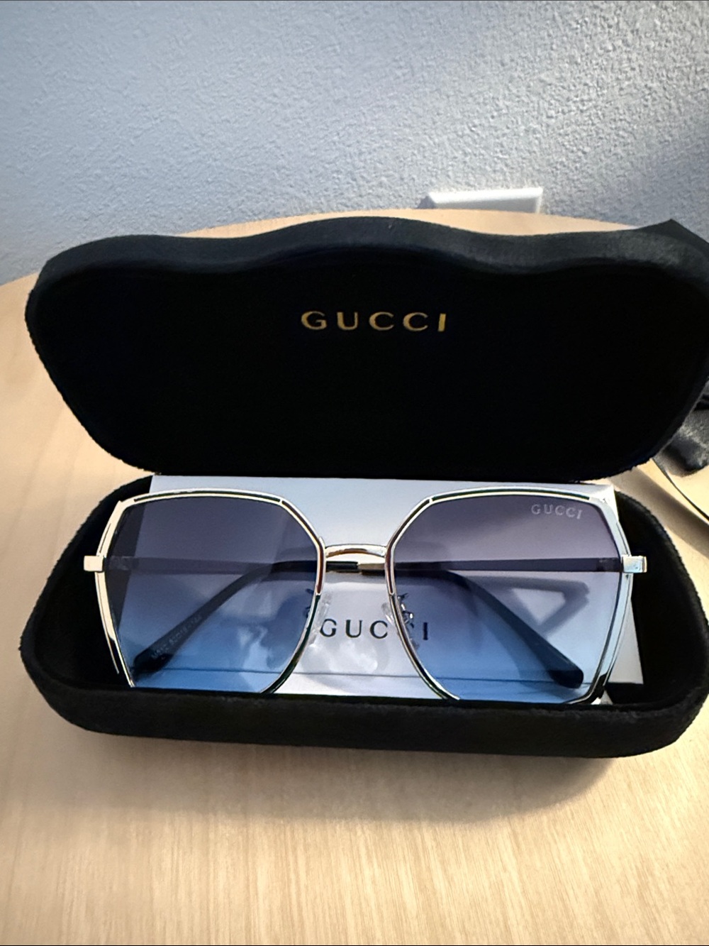 Gucci Women’s Blue Gradient Hexagon Sunglasses with Gold Frame